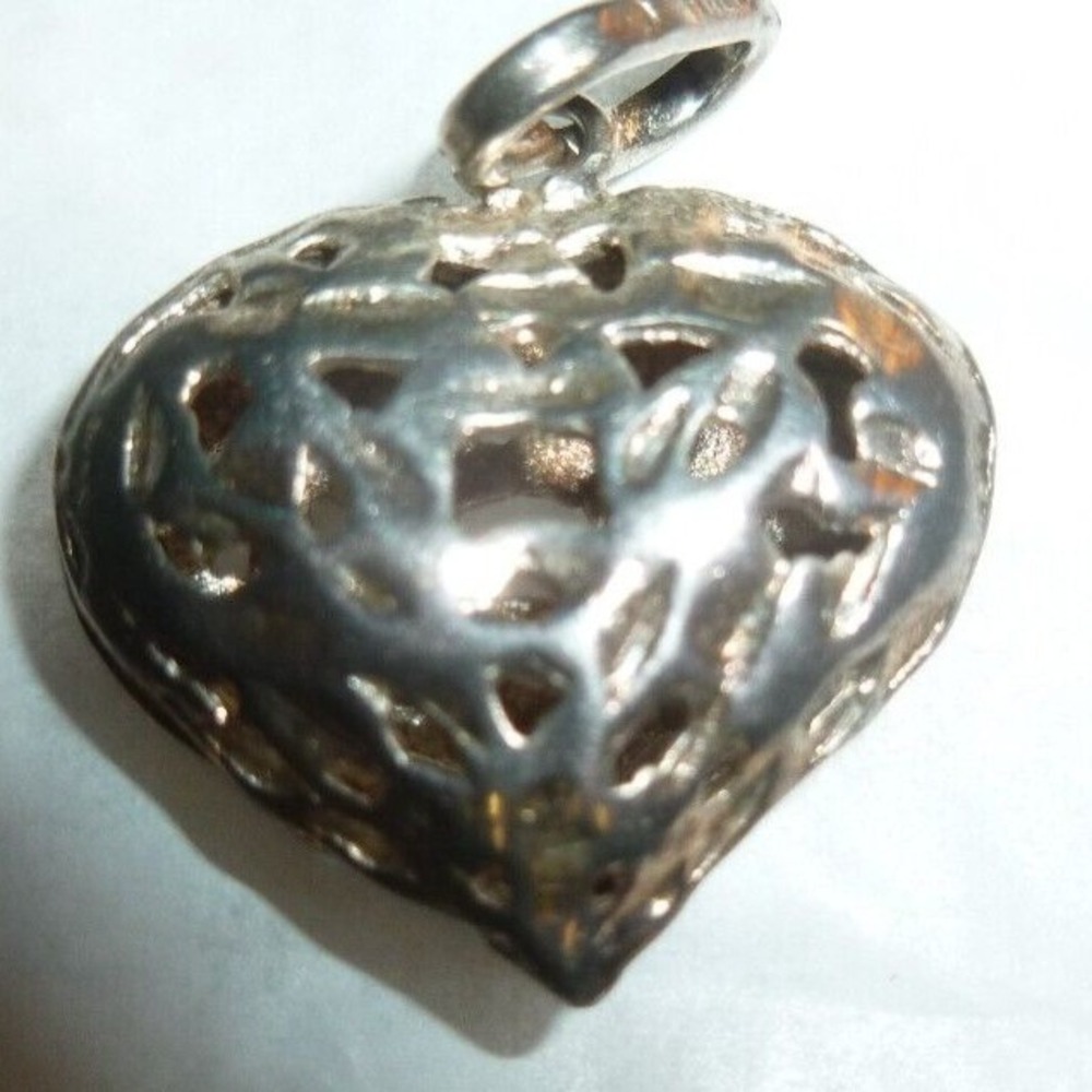 Vintage Sterling Silver Openwork Filigree Puffed Heart Charm Pendant